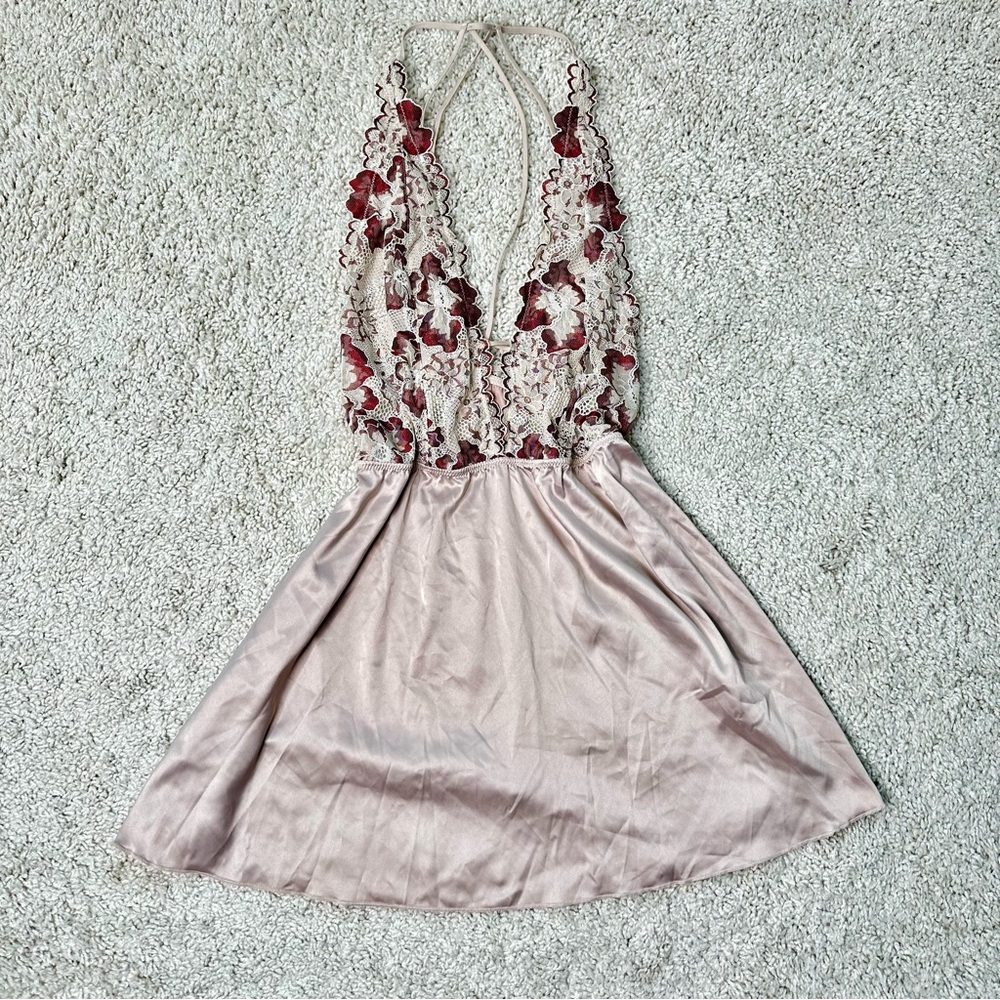 Cutest y2k vintage babydoll fairy silk satin coquette floral halter slip dress